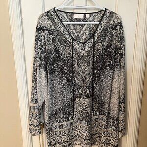 BELLE BY KIM GRAVEL BOHO TUNIC, BLACK, TAN NEUTRALS, LS, 3X, NEVER WORN!